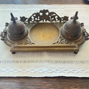 Antique Rococo Brass Inkwell – French Ink Well Tray - Victorian Desk Decor